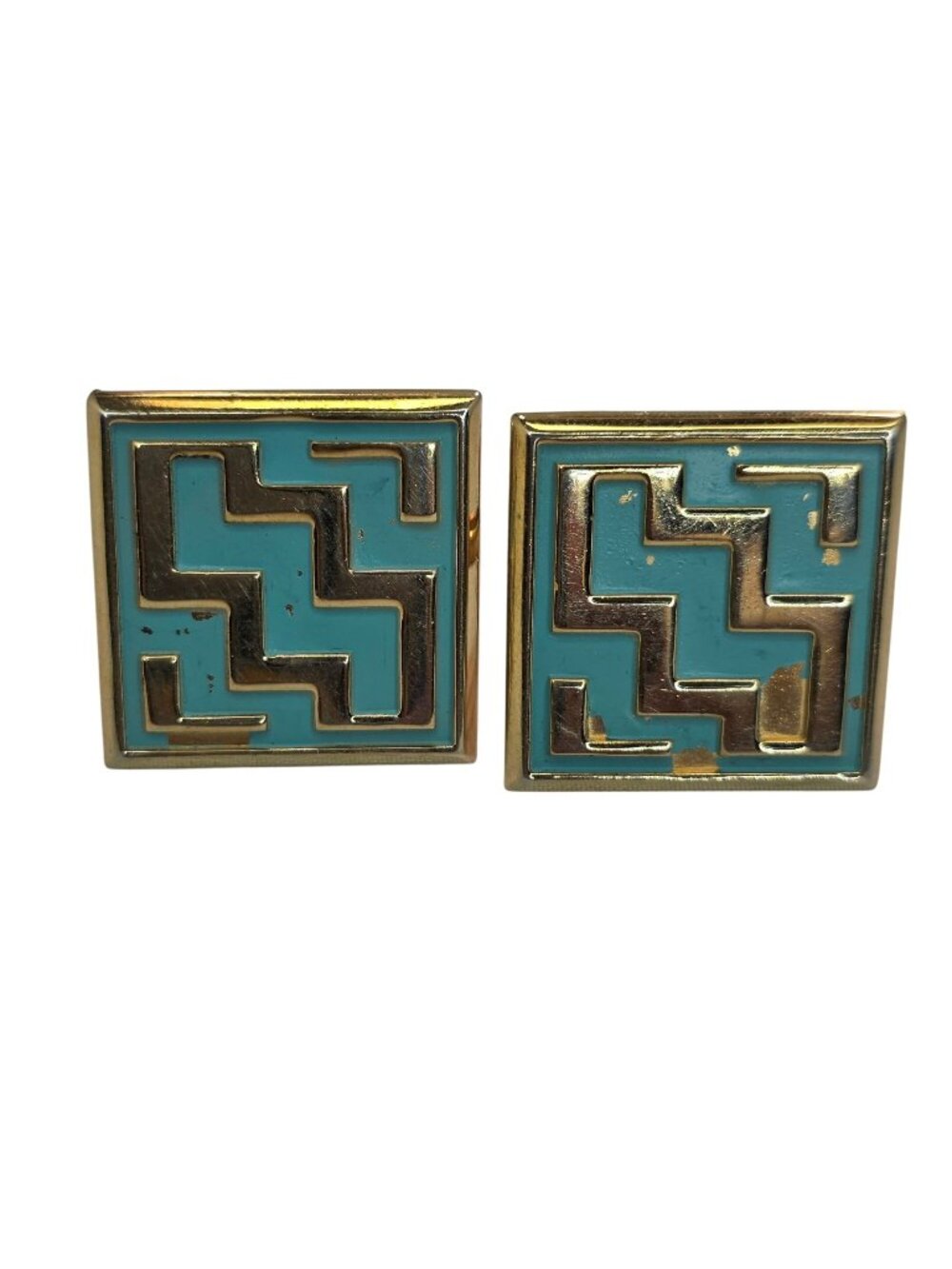 Vintage Anson Gold-Tone & Turquoise Square Cufflinks With Geometric Maze Design